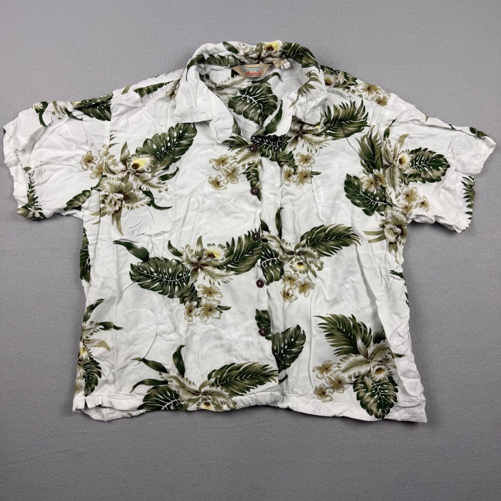 Vintage Sunny Island Mens M White Floral Palm Leaf Rayon Hawaiian Aloha Shirt